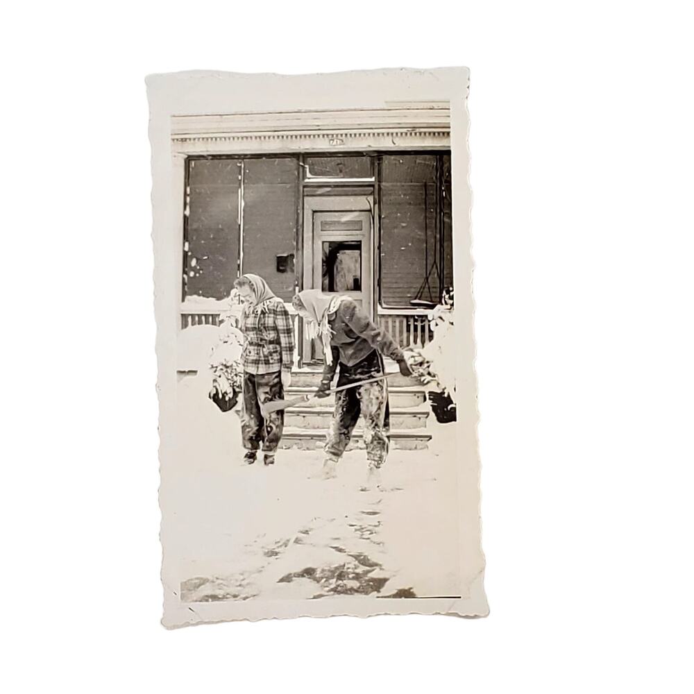 Vtg B&W Photo 1942 Found Ladies Sweeping Snow Blizzard Front of House Snapshot